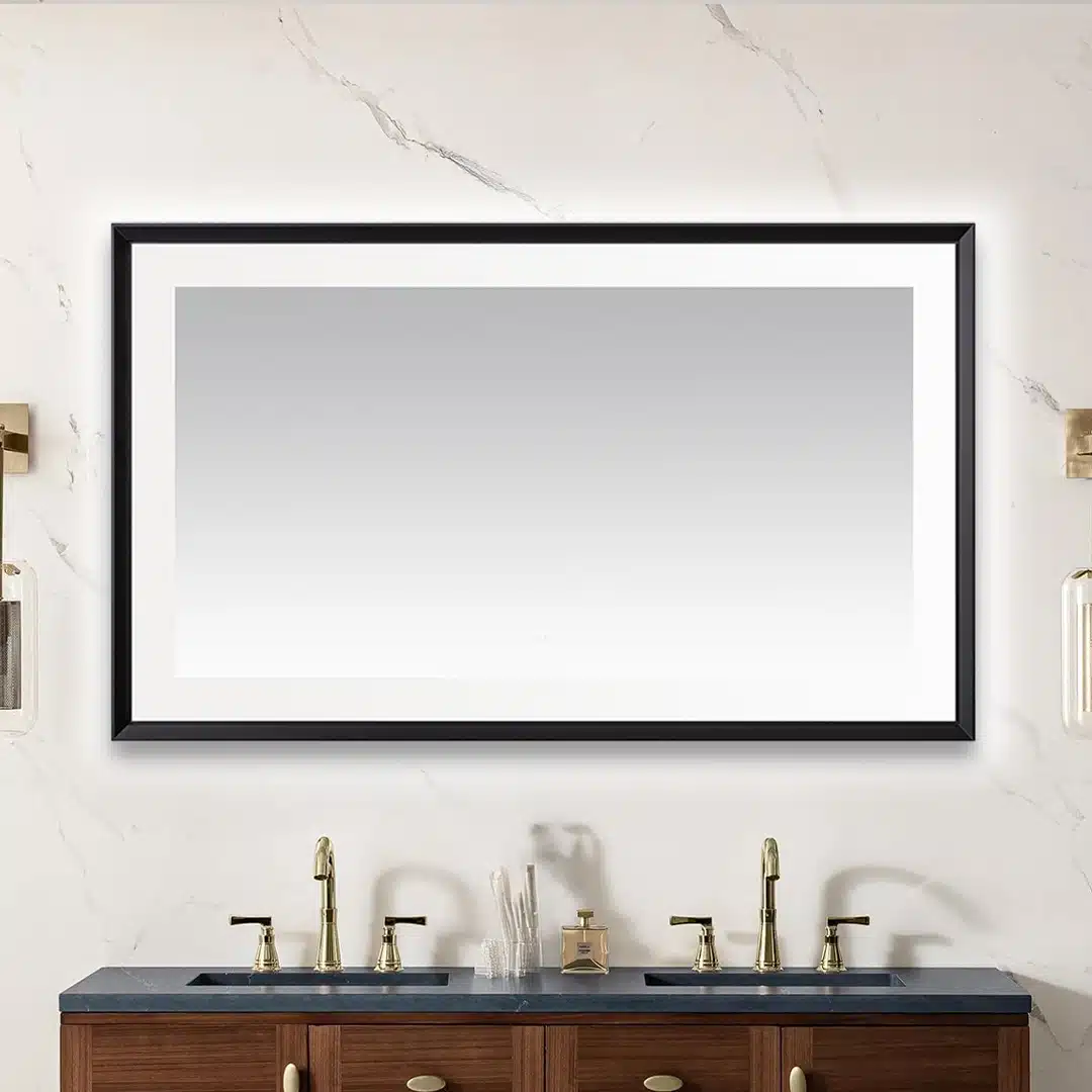 AQUADOM Madison 60"x36"x2.28" LED Lighted Chamfer Frame Mirror with Defogger, 3 Color Lighting, Wall Mount Vertical or Horizontal Installation in Matte Black  AQUADOM Madison 60"x36"x2.28" LED Lighted Chamfer Frame Mirror with Defogger, 3 Color Lighting, Wall Mount Vertical or Horizontal Installation in Matte Black
