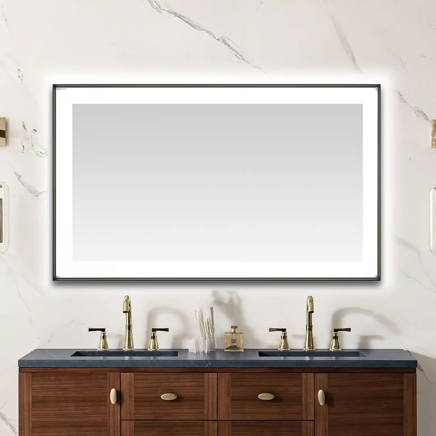 AQUADOM Lexington 60"x36"x2.28" LED Lighted Slim Frame Mirror with Defogger, 3 Color Lighting, Wall Mount Vertical or Horizontal Installation in Matte Black  AQUADOM Lexington 60"x36"x2.28" LED Lighted Slim Frame Mirror with Defogger, 3 Color Lighting, Wall Mount Vertical or Horizontal Installation in Matte Black