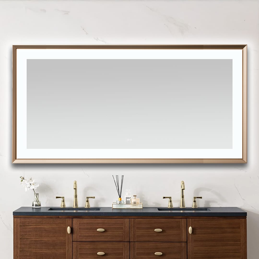 AQUADOM Madison 72"x36"x2.28" LED Lighted Chamfer Frame Mirror with Defogger, 3 Color Lighting, Wall Mount Vertical or Horizontal Installation in Brushed Gold AQUADOM Madison 72"x36"x2.28" LED Lighted Chamfer Frame Mirror with Defogger, 3 Color Lighting, Wall Mount Vertical or Horizontal Installation in Brushed Gold