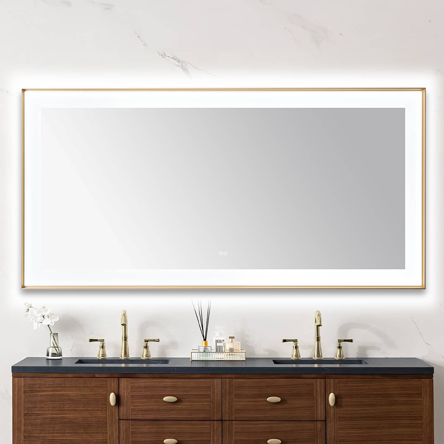 AQUADOM Lexington 72"x36"x2.28" LED Lighted Slim Frame Mirror with Defogger, 3 Color Lighting, Wall Mount Vertical or Horizontal Installation in Brushed Gold  AQUADOM Lexington 72"x36"x2.28" LED Lighted Slim Frame Mirror with Defogger, 3 Color Lighting, Wall Mount Vertical or Horizontal Installation in Brushed Gold