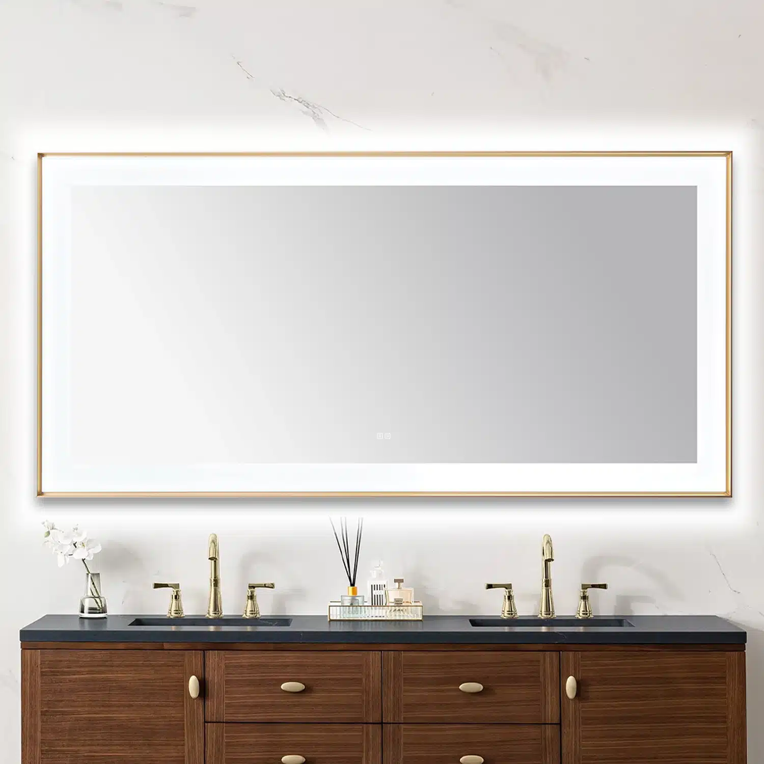 AQUADOM Lexington 72"x36"x2.28" LED Lighted Slim Frame Mirror with Defogger, 3 Color Lighting, Wall Mount Vertical or Horizontal Installation in Brushed Gold  AQUADOM Lexington 72"x36"x2.28" LED Lighted Slim Frame Mirror with Defogger, 3 Color Lighting, Wall Mount Vertical or Horizontal Installation in Brushed Gold