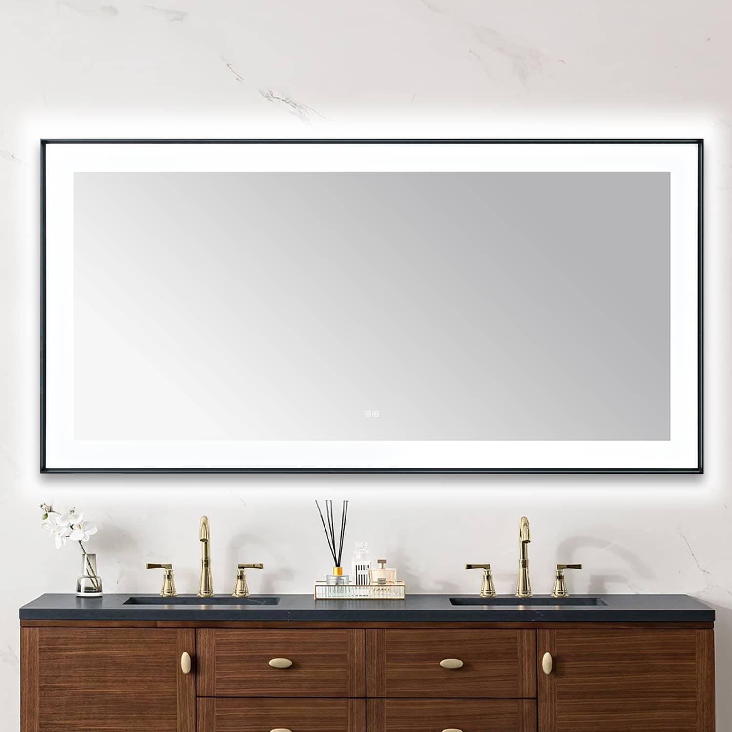 AQUADOM Lexington 72"x36"x2.28" LED Lighted Slim Frame Mirror with Defogger, 3 Color Lighting, Wall Mount Vertical or Horizontal Installation in Matte Black  AQUADOM Lexington 72"x36"x2.28" LED Lighted Slim Frame Mirror with Defogger, 3 Color Lighting, Wall Mount Vertical or Horizontal Installation in Matte Black