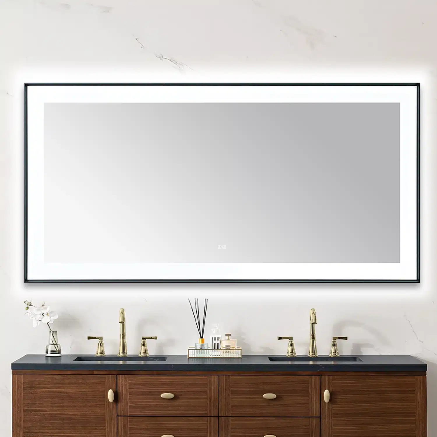 AQUADOM Lexington 72"x36"x2.28" LED Lighted Slim Frame Mirror with Defogger, 3 Color Lighting, Wall Mount Vertical or Horizontal Installation in Matte Black  AQUADOM Lexington 72"x36"x2.28" LED Lighted Slim Frame Mirror with Defogger, 3 Color Lighting, Wall Mount Vertical or Horizontal Installation in Matte Black