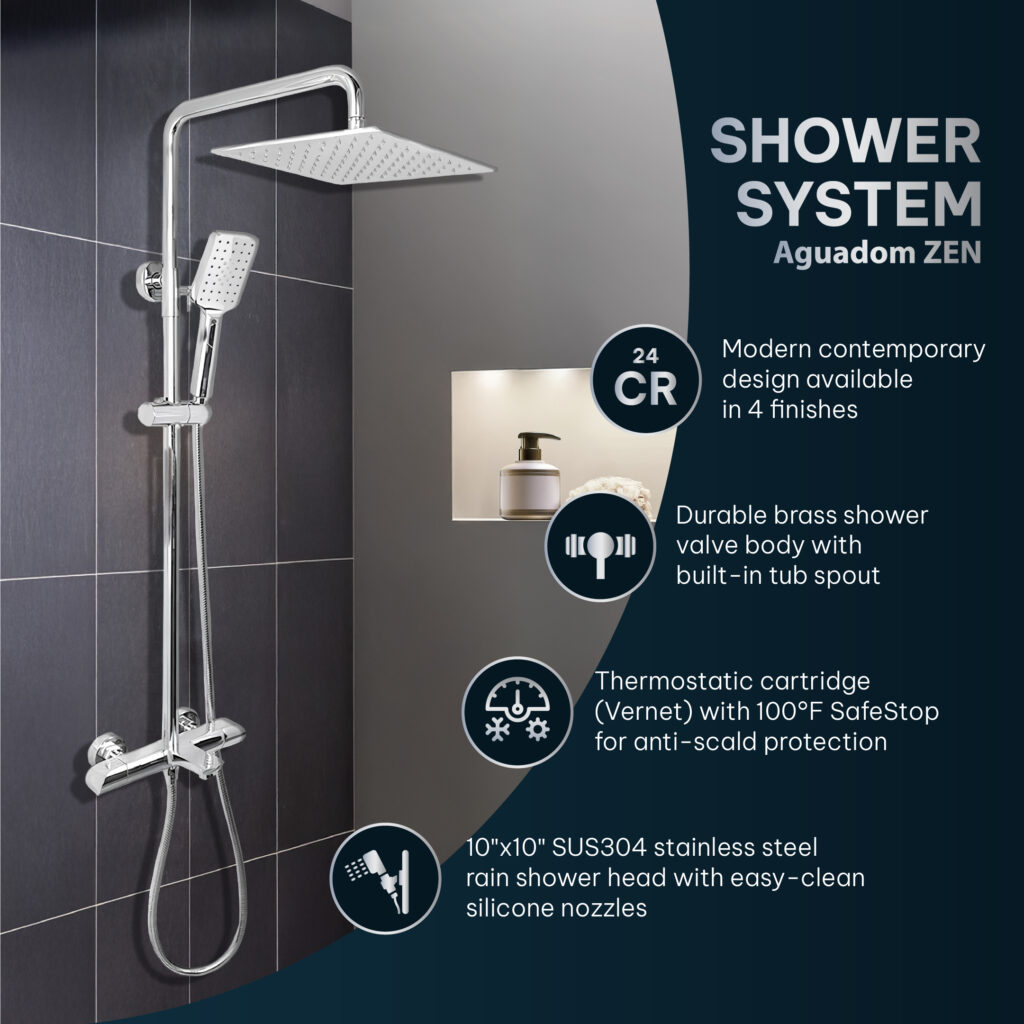 AQUADOM ZEN Thermostatic Shower Systems | Luxury Rain Shower with Hand Shower & Tub Spout