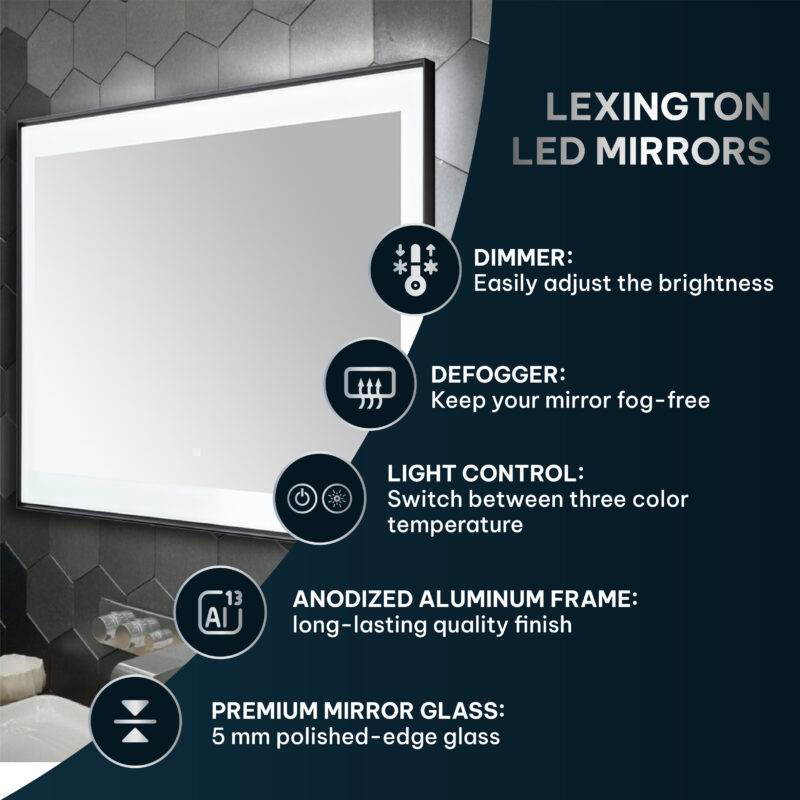  AQUADOM Lexington 24"x36"x2.28"LED Lighted Slim Frame Mirror with Defogger, 3 Color Lighting, Wall Mount Vertical or Horizontal Installation in Brushed Gold