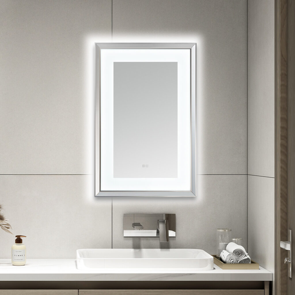  AQUADOM Madison 24"x36"x2.28" LED Lighted Chamfer Frame Mirror with Defogger, 3 Color Lighting, Wall Mount Vertical or Horizontal Installation in Chrome