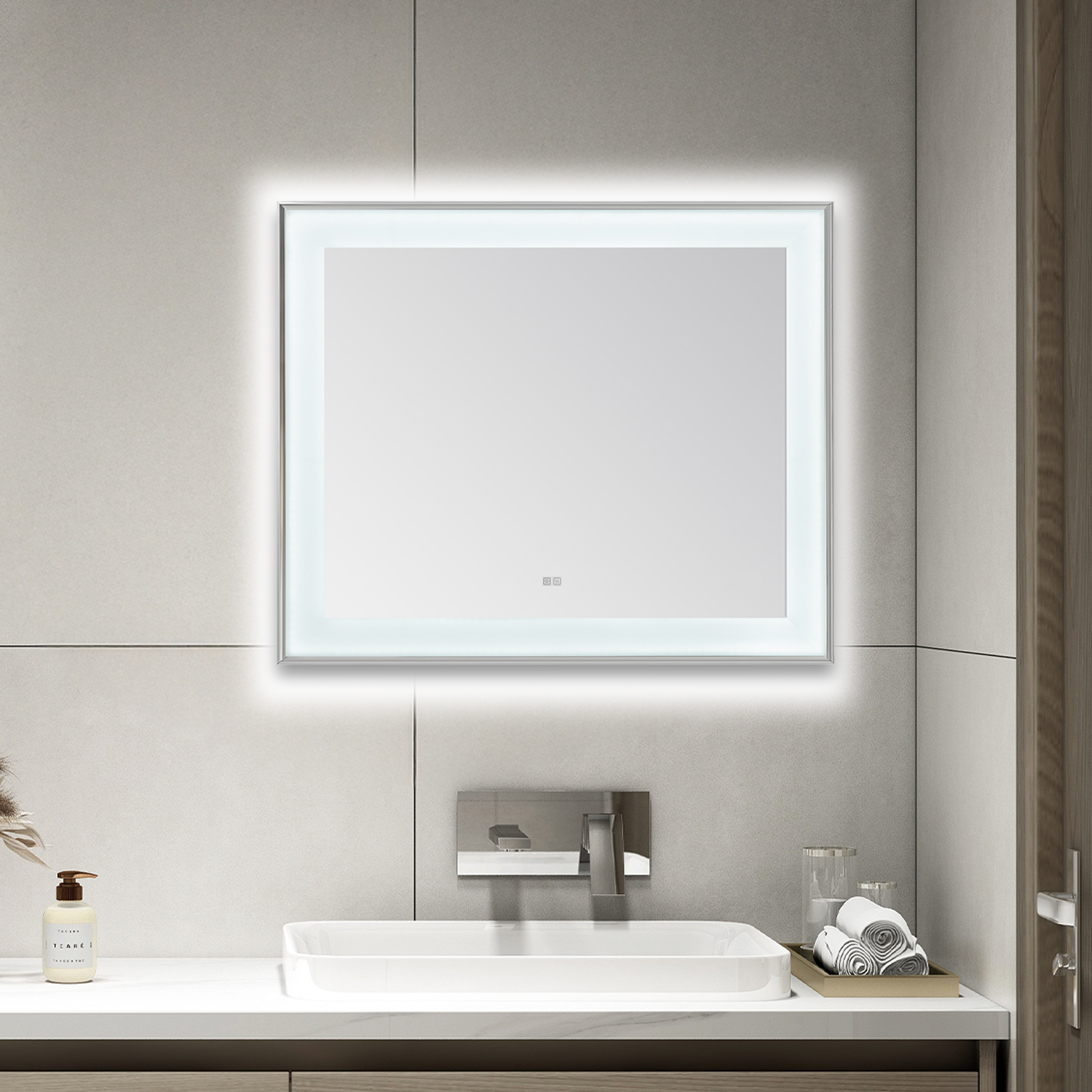 AQUADOM Lexington 48"x36"x2.28" LED Lighted Slim Frame Mirror with Defogger, 3 Color Lighting, Wall Mount Vertical or Horizontal Installation in Chrome AQUADOM Lexington 48"x36"x2.28" LED Lighted Slim Frame Mirror with Defogger, 3 Color Lighting, Wall Mount Vertical or Horizontal Installation in Chrome