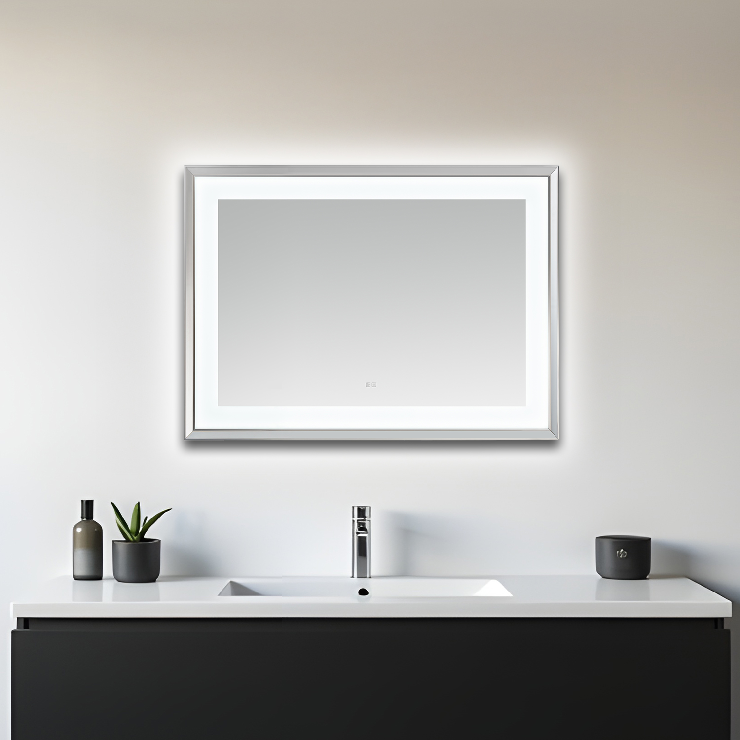 AQUADOM Madison 48"x36"x2.28" LED Lighted Chamfer Frame Mirror with Defogger, 3 Color Lighting, Wall Mount Vertical or Horizontal Installation in Chrome AQUADOM Madison 48"x36"x2.28" LED Lighted Chamfer Frame Mirror with Defogger, 3 Color Lighting, Wall Mount Vertical or Horizontal Installation in Chrome